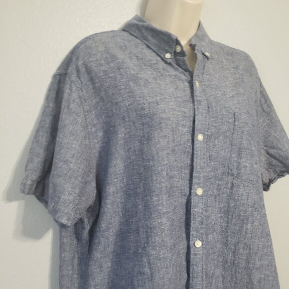 Gap Mens Linen Blend Button Up Shirt XL Slim Fit Blue Short Sleeve Chambray - Picture 4 of 12